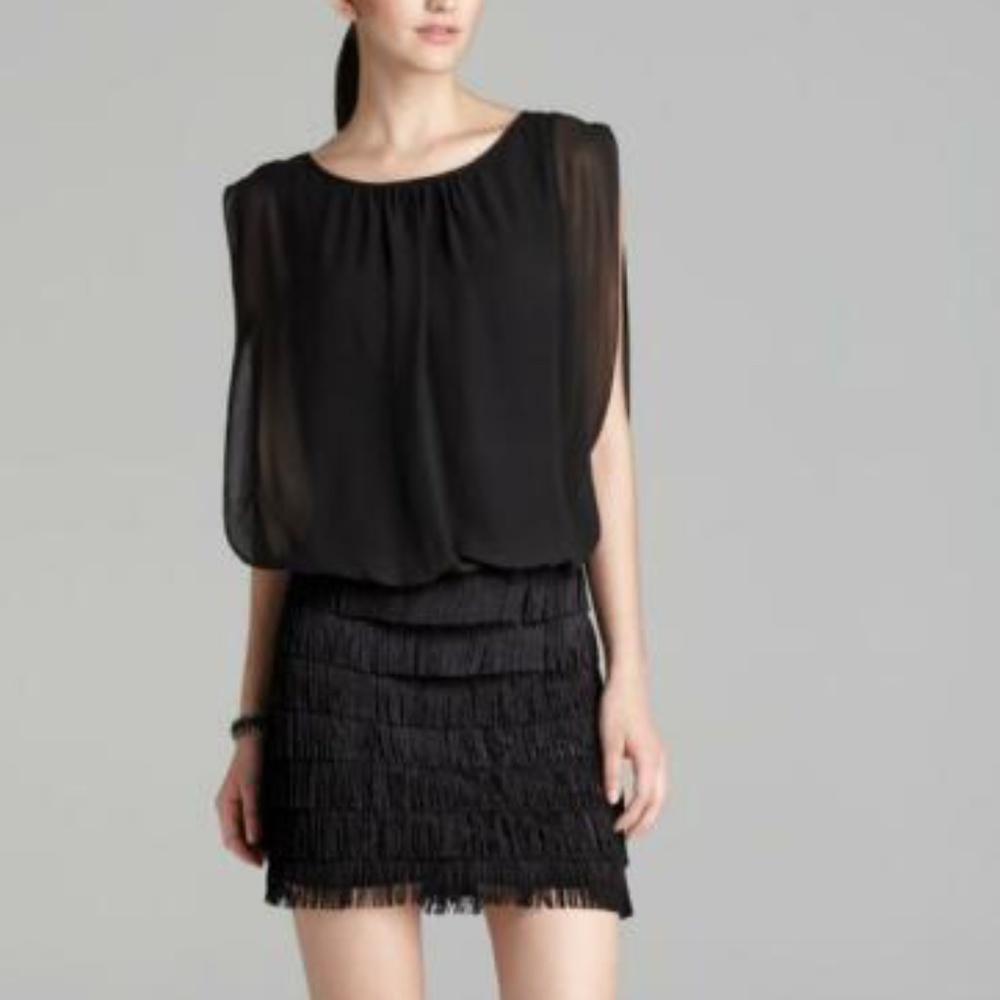 COPY - AIDAN MATTOX Black Chiffon Sleeveless Fringe Mini
